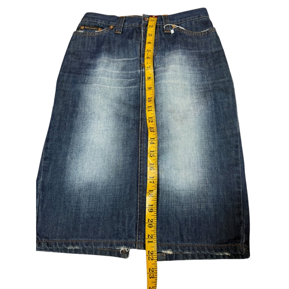 D&G Dolce & Gabbana Vintage Y2K Denim Midi Skirt Rhinestone Logo Blue Size 38 - Picture 8 of 8